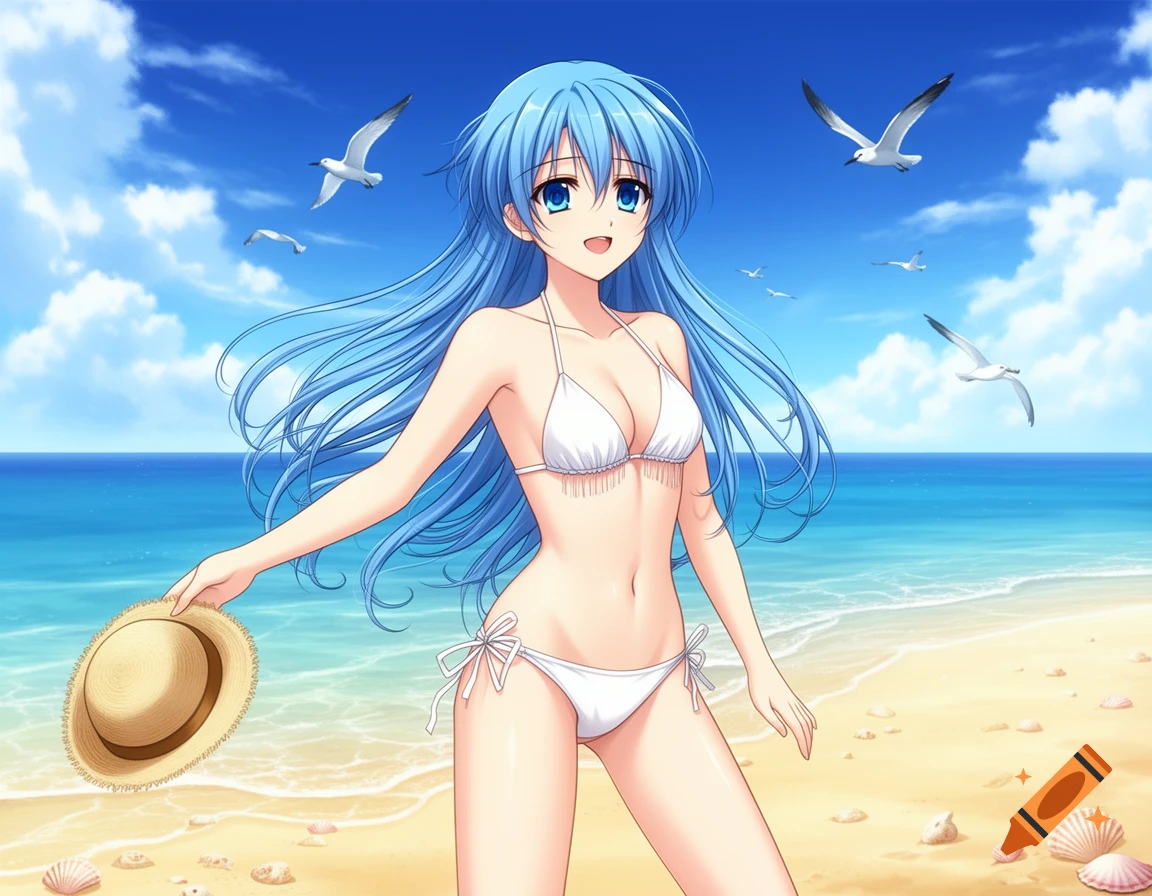 An anime girl with blue hair in a white bikini stands on a sunny beach, holding a straw hat, with seagulls flying over the ocean.