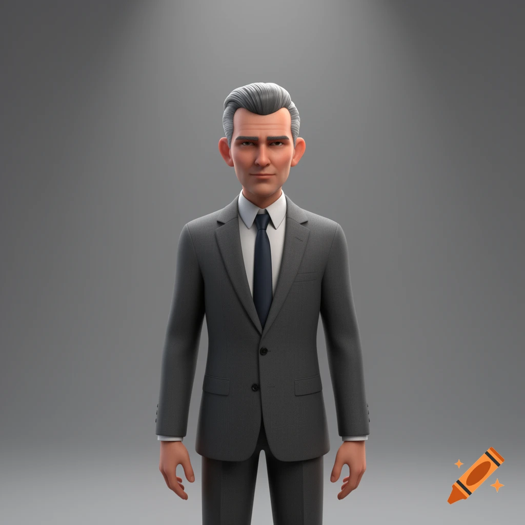 A 3D render of a man with grey hair in a grey suit and dark tie, standing against a grey background.