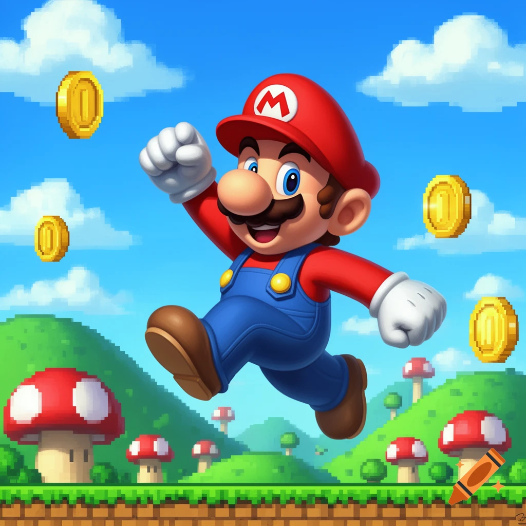 Mario running and jumping through a colorful pixel art video game landscape with coins and mushrooms under a blue sky.