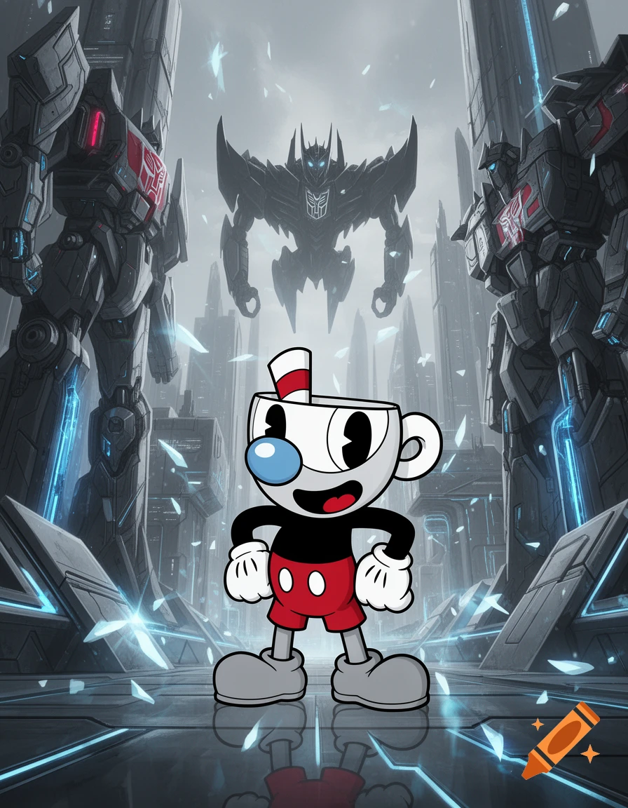 Cuphead stands confidently in a futuristic city with large Transformers robots and the Decepticon symbol in the background.