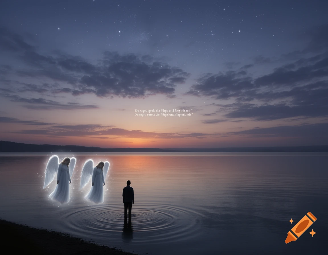 A lone person stands in a lake at twilight, facing two glowing angels as faint stars appear and text floats above the horizon.