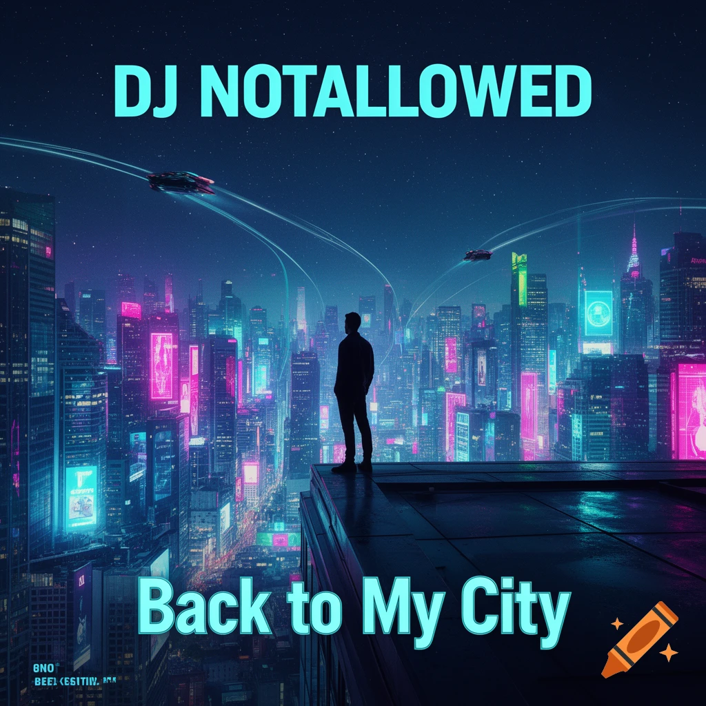 A man's silhouette stands on a rooftop, overlooking a vibrant neon-lit futuristic cityscape at night. The text "DJ NOTALLOWED" is at the top, and "Back to My City" is at the bottom.