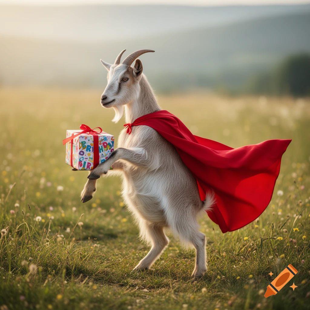 A photorealistic goat wearing a red cape walks upright on its hind legs in a field, holding a birthday present.