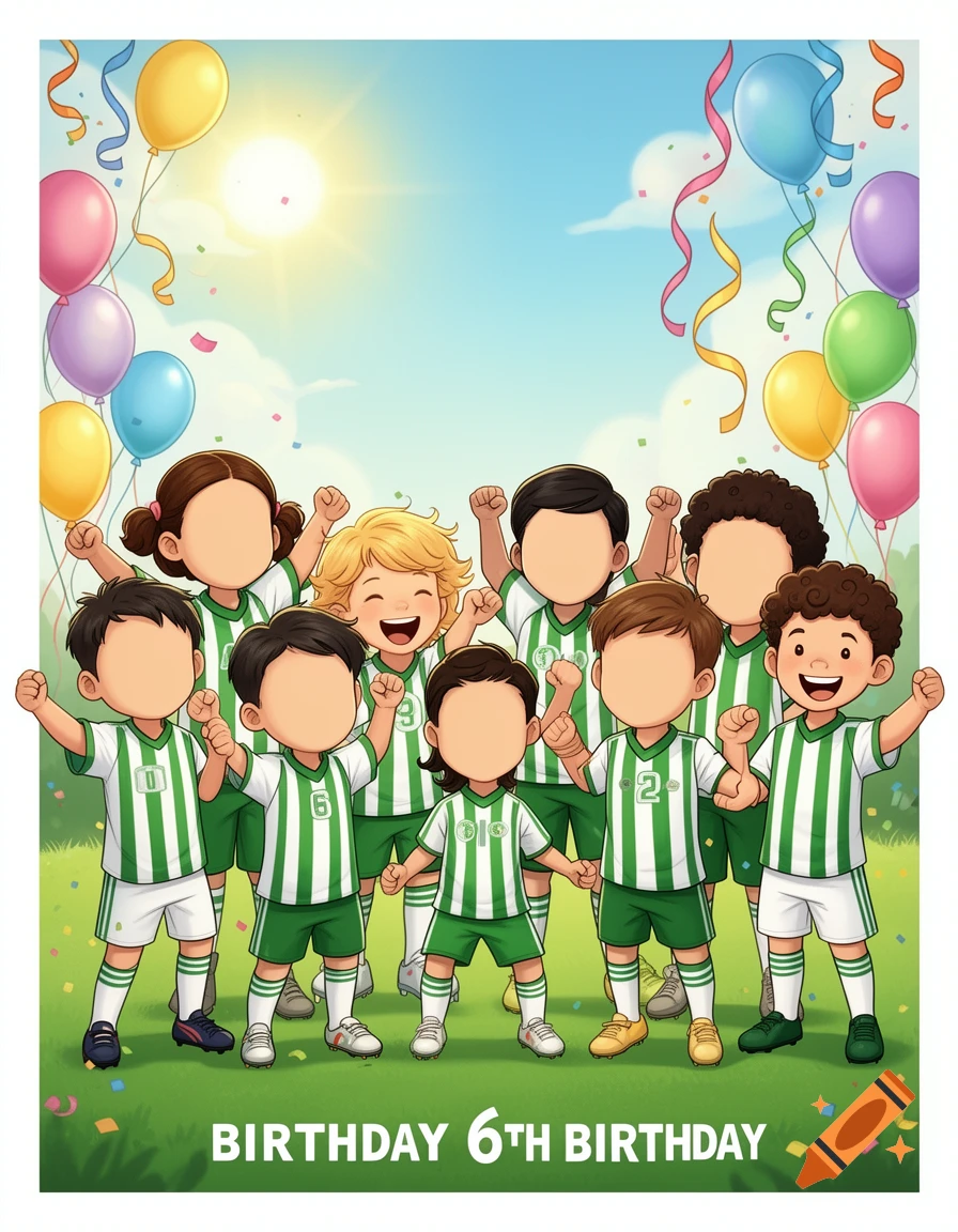 Cartoon illustration of 8 children in green and white soccer jerseys, with blank faces, celebrating a 6th birthday.