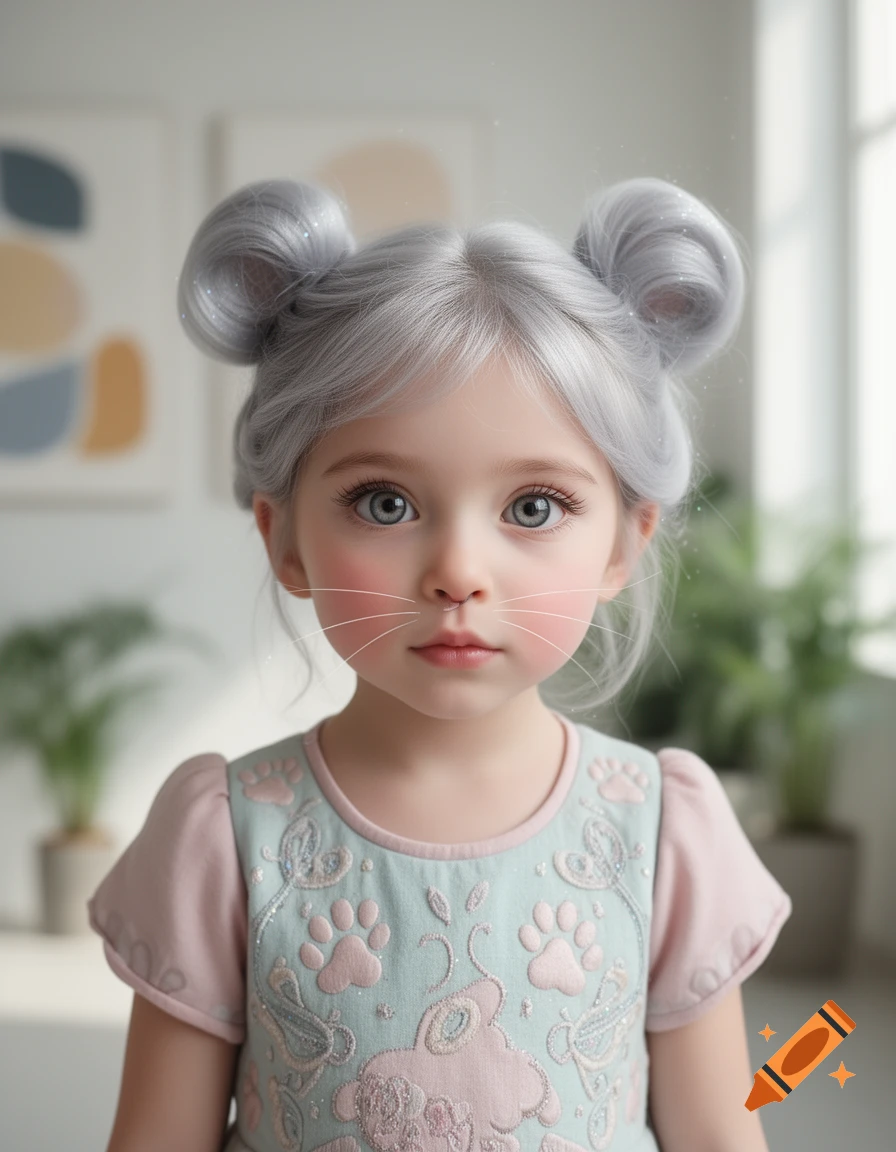 A young girl with grey hair buns and drawn whiskers wears a blue dress with paw print embroidery, looking forward in a photorealistic portrait.