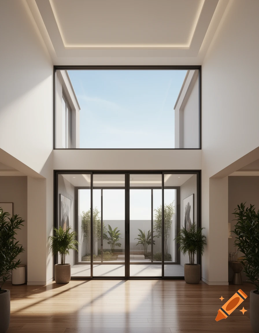 Bright, modern atrium with tall windows, glass sliding doors to a courtyard, and potted plants on a polished wooden floor.