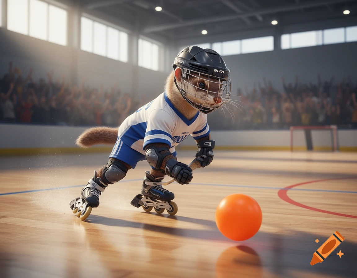 A ferret in full hockey gear, wearing a blue and white jersey and inline skates, skates on a wooden rink, about to hit an orange ball. Spectators are in the blurred background.