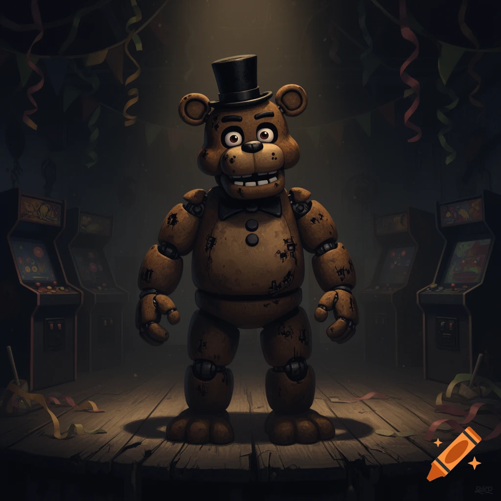 A brown animatronic bear with a top hat and bow tie stands on a wooden stage, illuminated by a spotlight, with arcade machines in the dark background.
