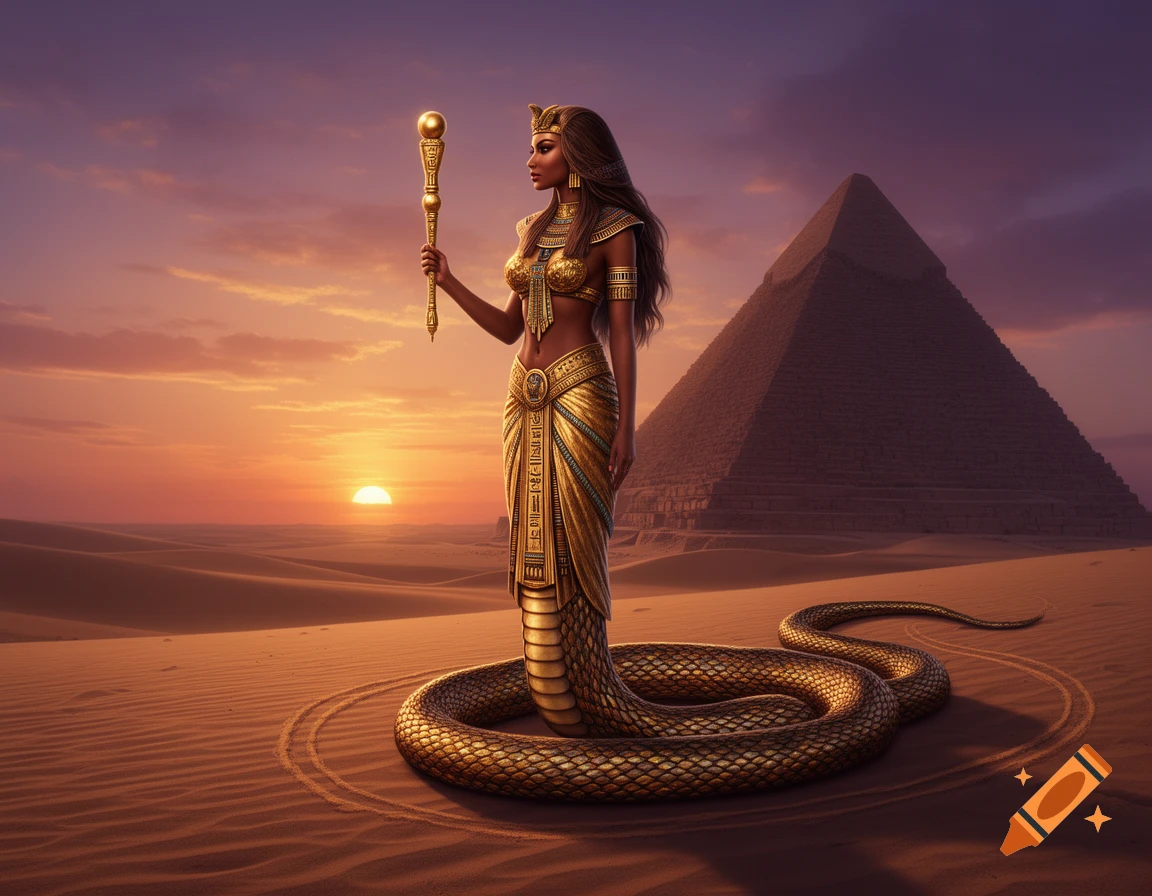 A golden Egyptian snake woman holds a scepter in a desert at sunset with a pyramid in the background.