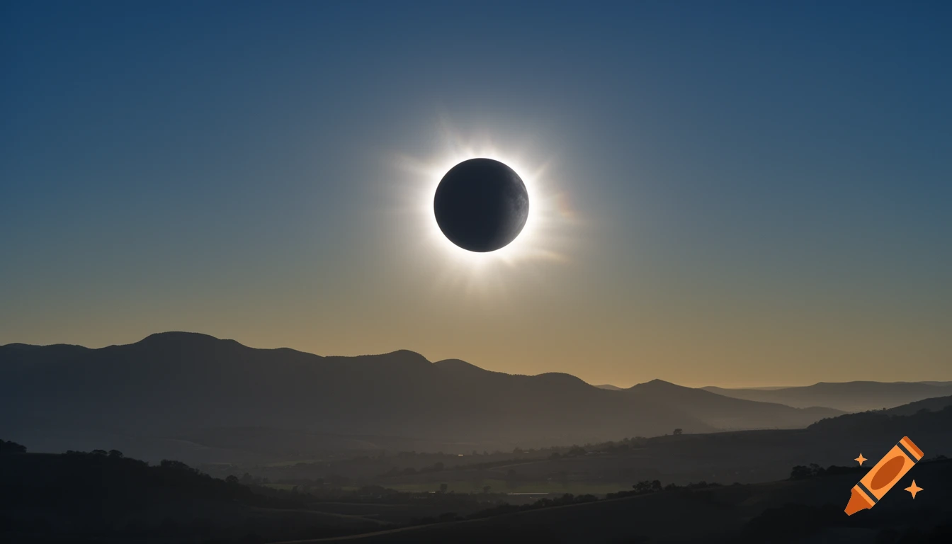 A solar eclipse with a dark central sphere and bright corona, seen above silhouetted mountains and rolling hills under a blue and orange gradient sky.