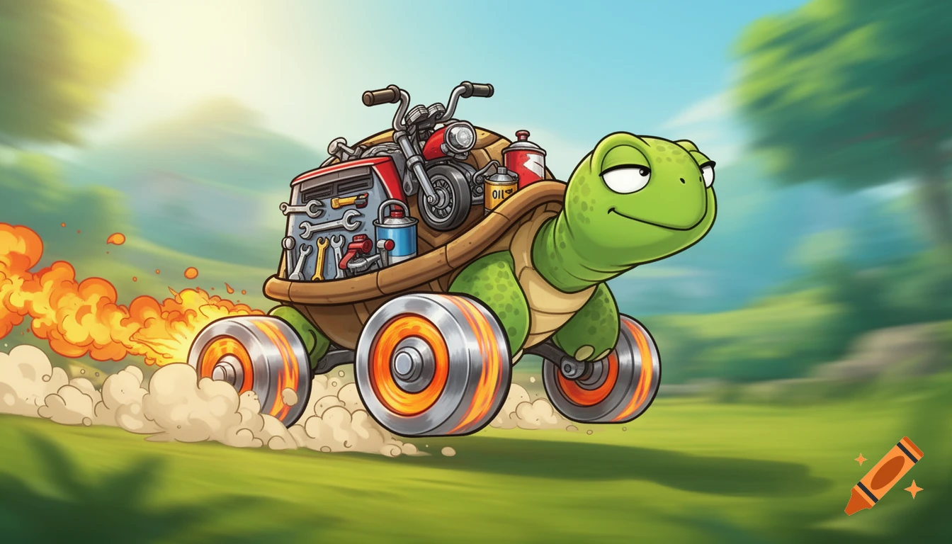 A cartoon turtle with a motorcycle garage on its back and wheels for feet, races across a grassy field leaving a trail of smoke and fire.