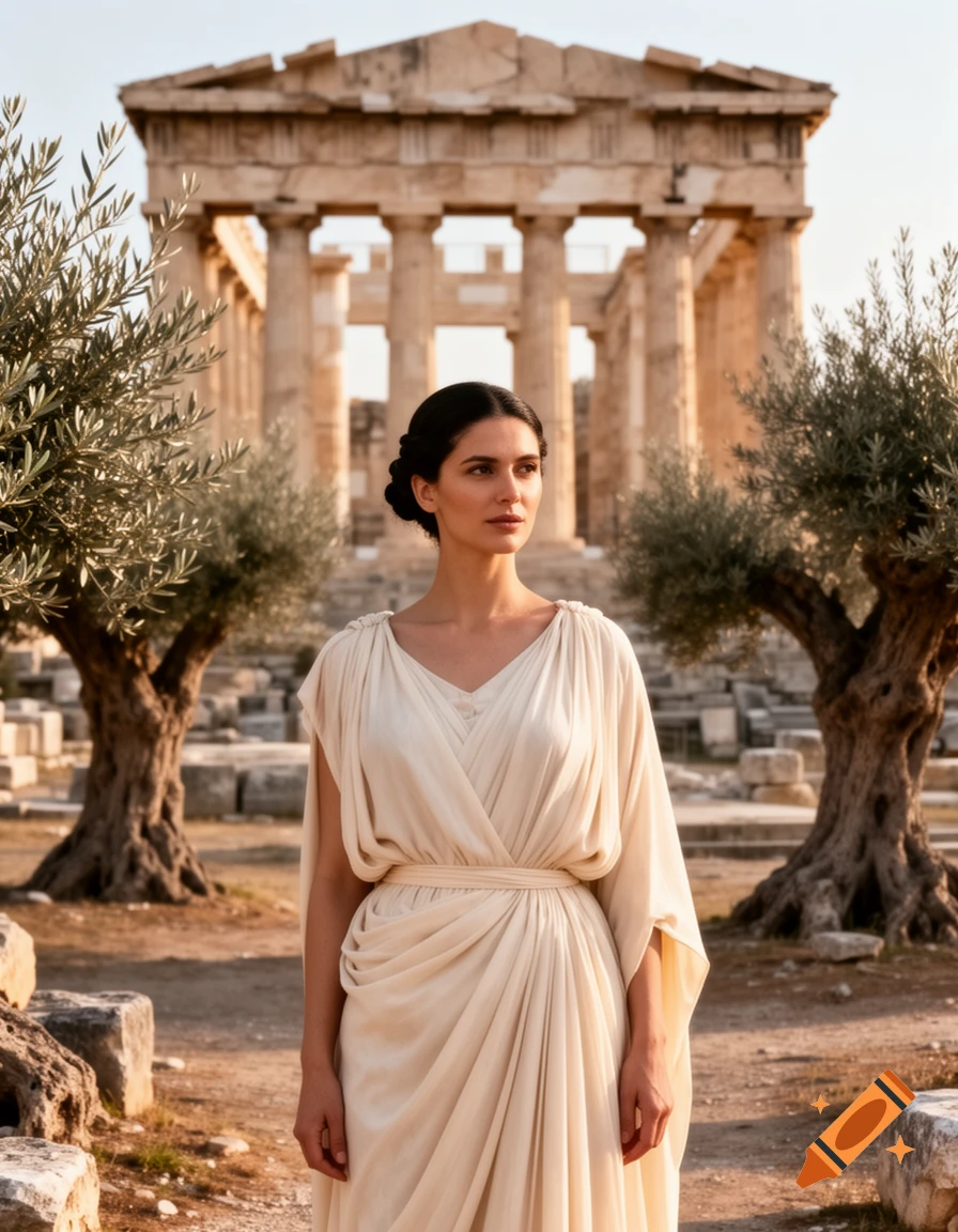A woman in a white chiton stands before ancient Greek temple ruins with olive trees, looking contemplatively to the side.