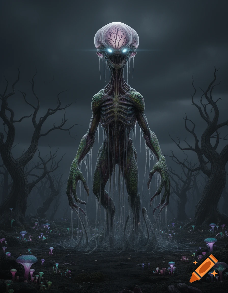 A tall, grotesque alien with a brain-like head and glowing eyes stands in a dark forest with glowing mushrooms, eerie horror-fantasy art.