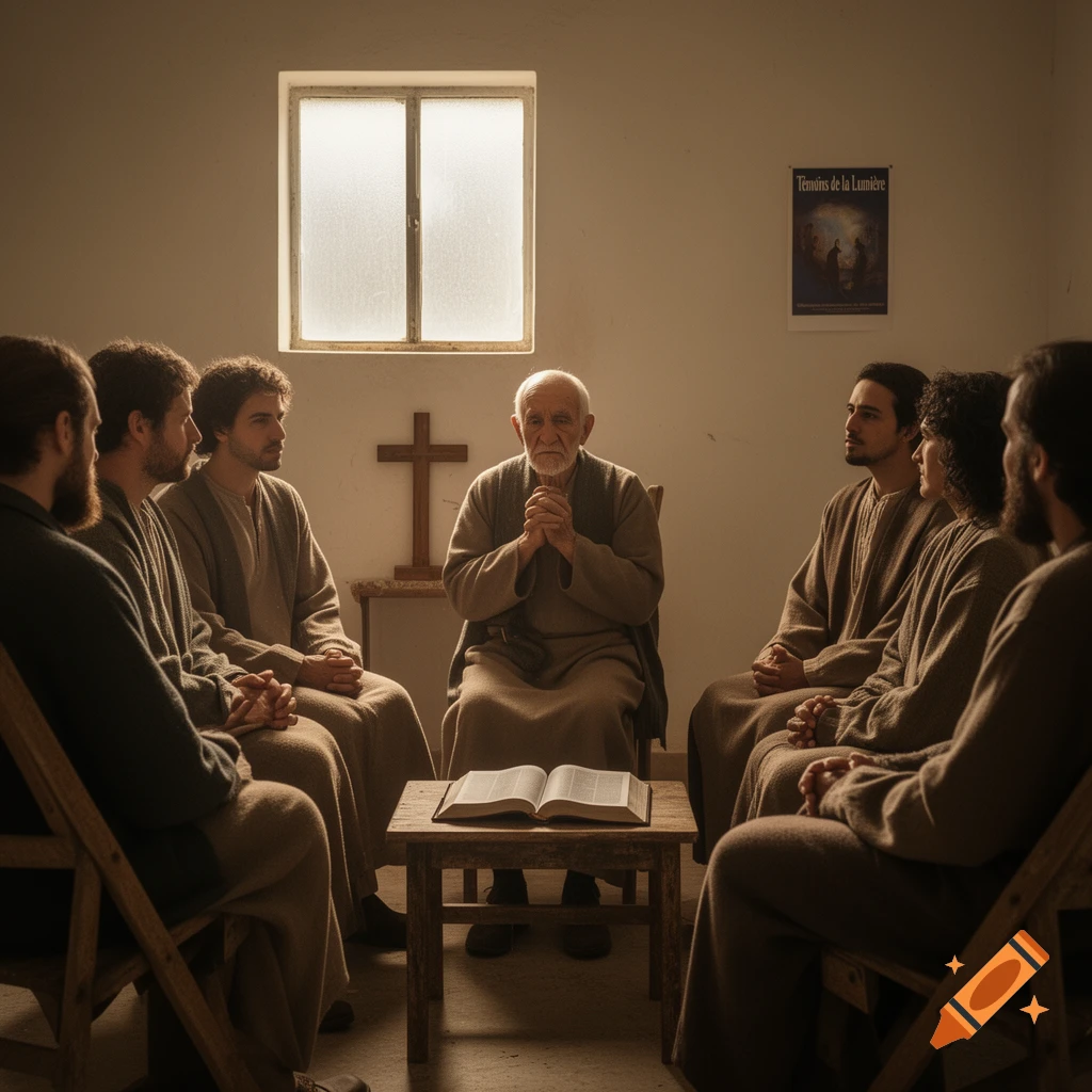 A group of robed men, including an elder, sit in a circle in a sparsely furnished room with a cross, a poster, and an open book on a table in a photorealistic style.