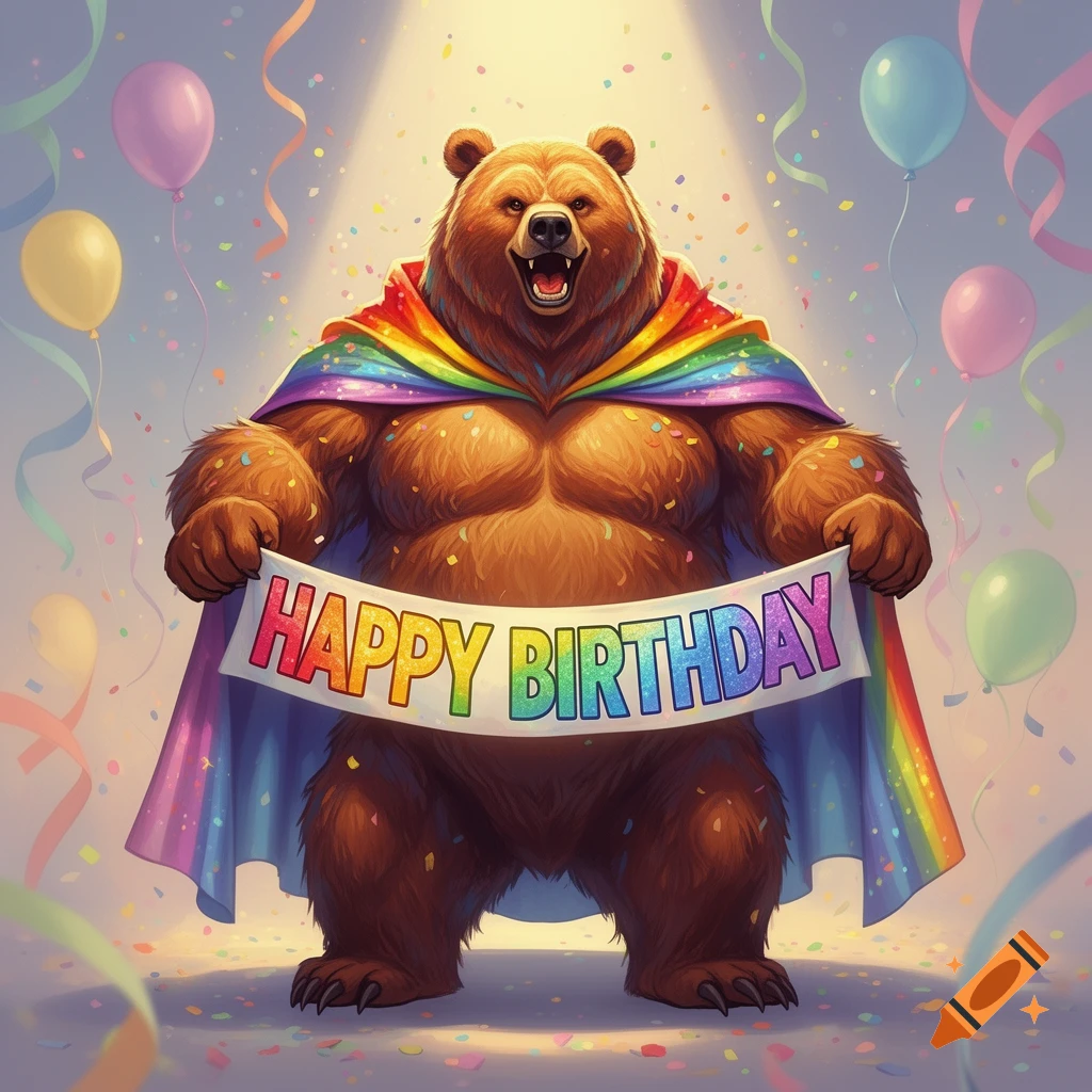 A muscular brown bear in a rainbow cape holds a 'Happy Birthday' banner amidst confetti and balloons, in a vibrant cartoon style.