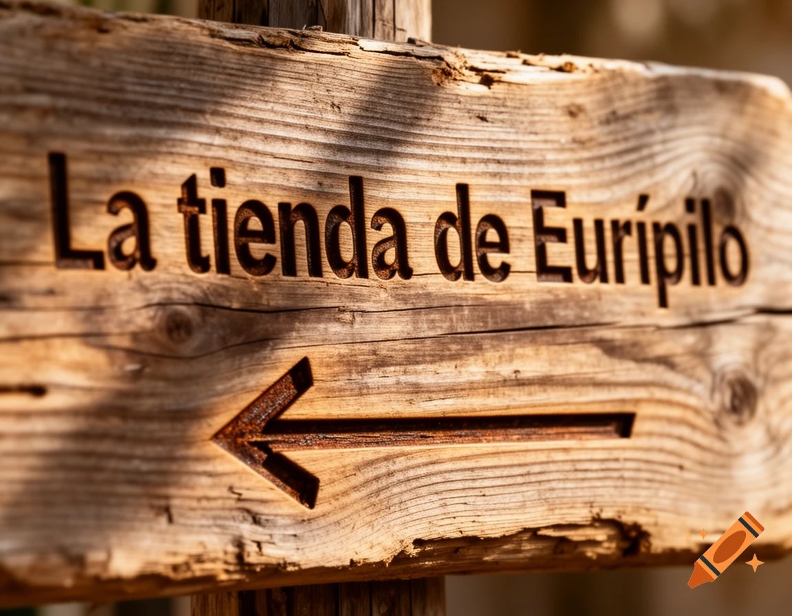 Realistic close-up of a rustic wooden sign with "La tienda de Eurípilo" and a left-pointing arrow engraved.
