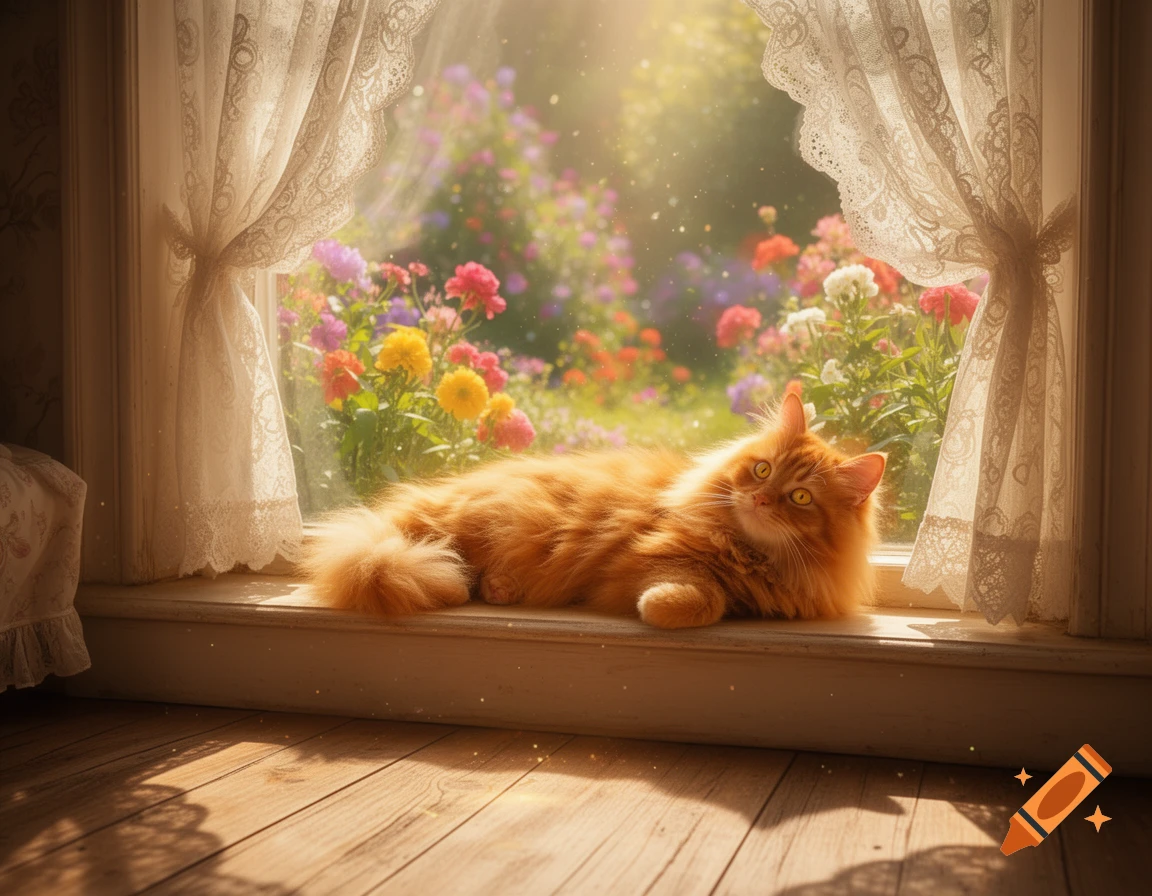 An orange fluffy cat lies on a sunlit windowsill, looking out at a vibrant flower garden with lace curtains.