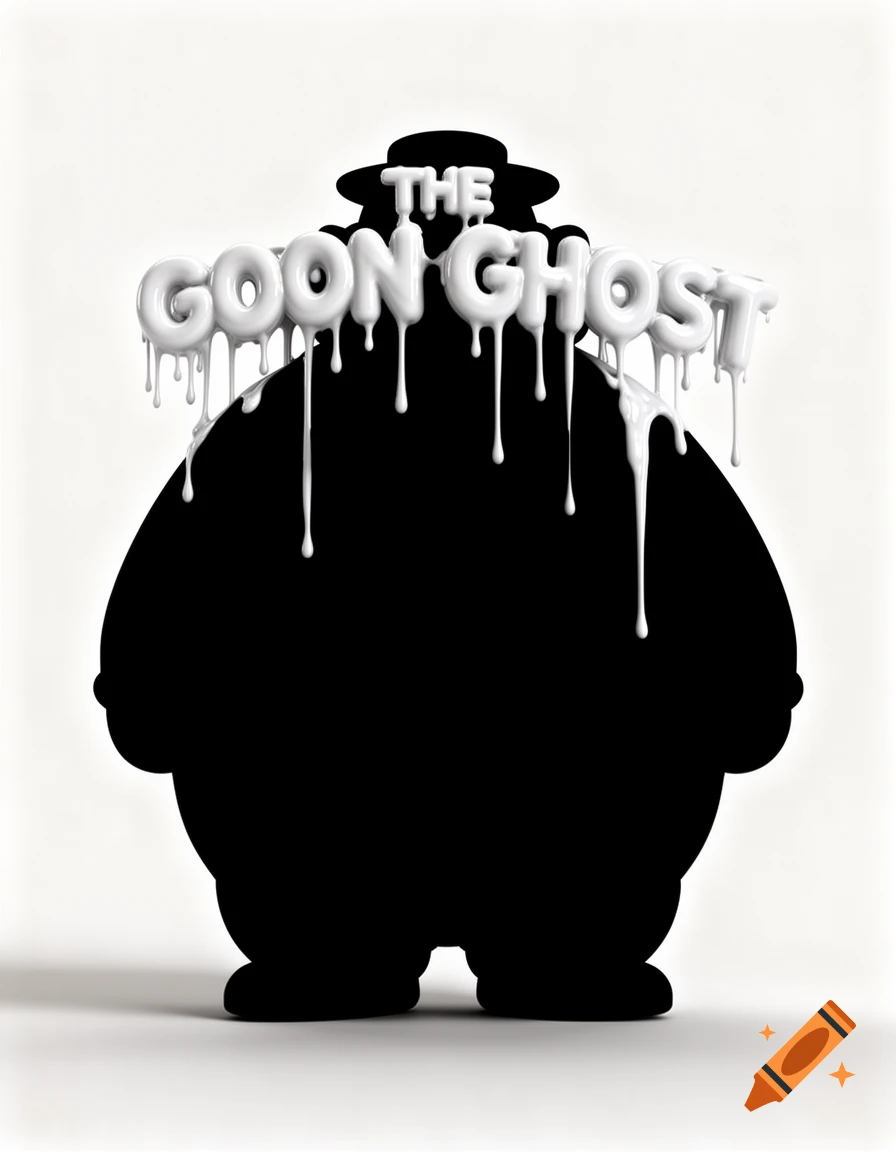 A black silhouette of a heavy-set character wearing a hat, with dripping white bubble letters spelling 'THE GOON GHOST' across its chest.