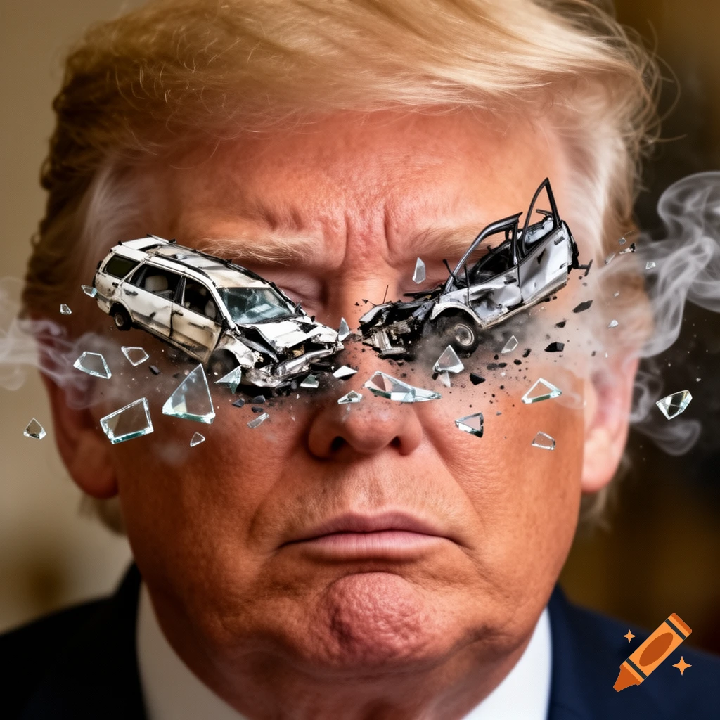 Close-up of Donald Trump's face with two toy-like cars crashing out of his eyes, surrounded by shattered glass and smoke.
