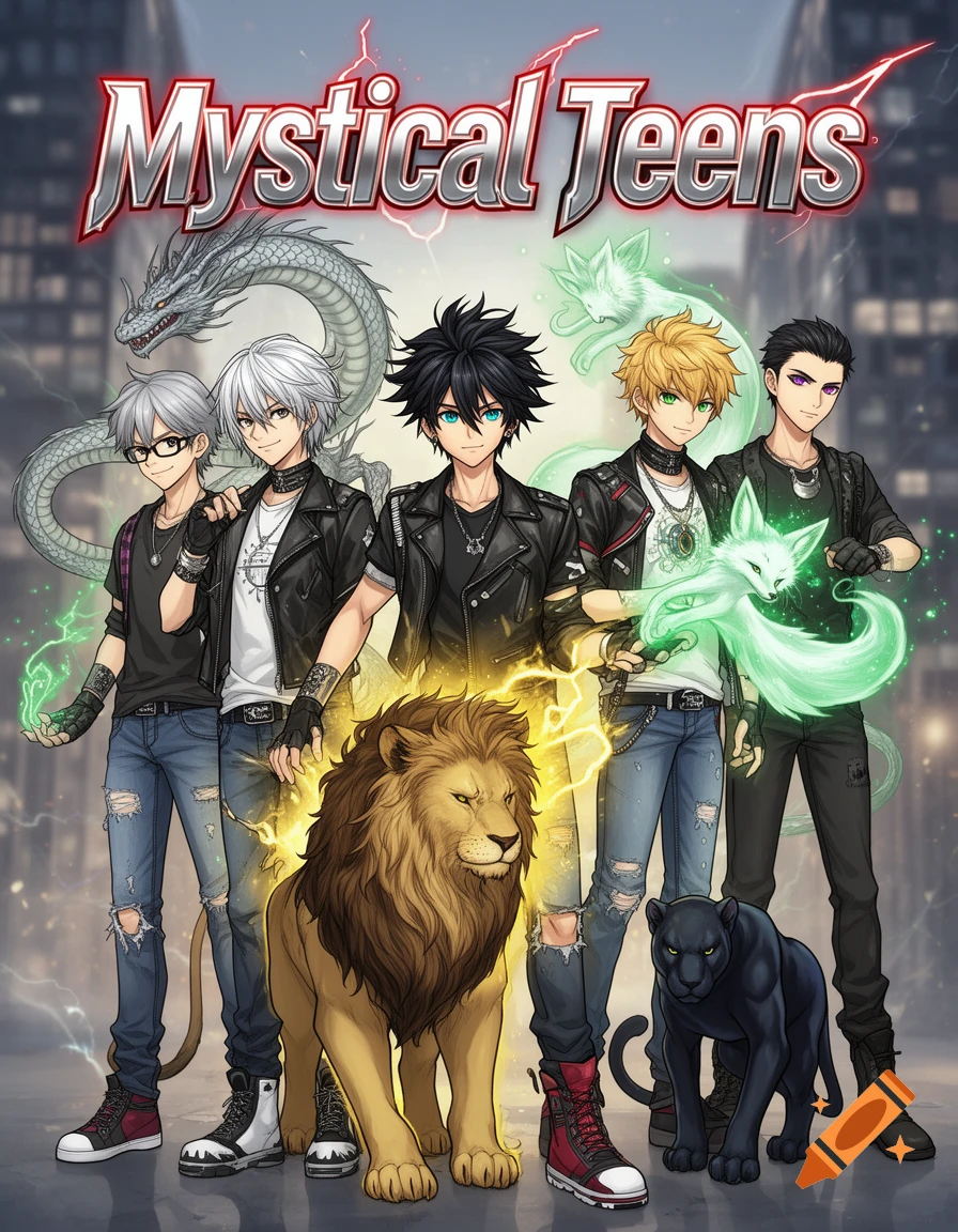 Five anime boys with a dragon, two glowing foxes, a lion, and a panther in an urban setting, titled 'Mystical Teens'.