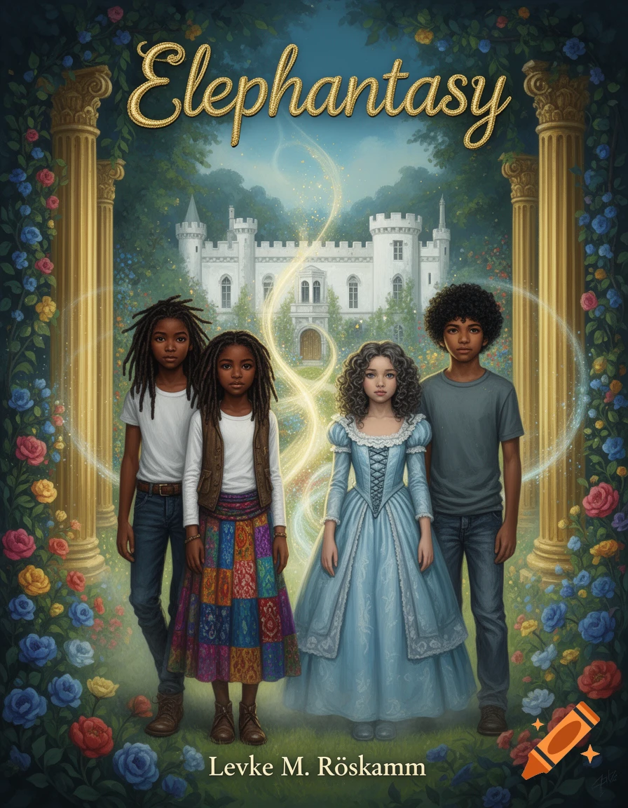 A magical fantasy book cover showing three children standing in a lush garden before a white castle, with golden light swirling. Titled 'Elephantasy'.