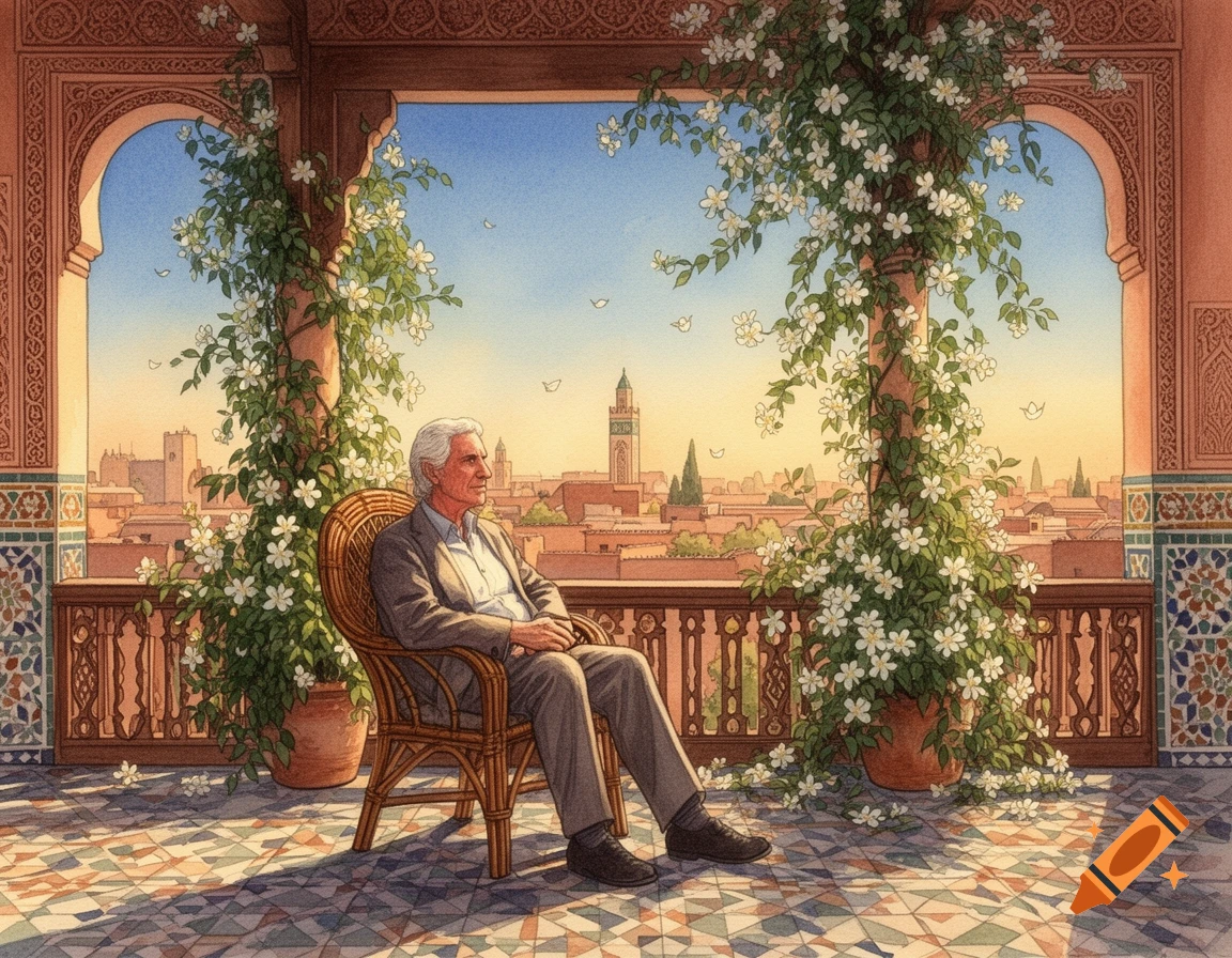 Watercolor of an older white man in a wicker chair on a Moroccan balcony overlooking a city at sunset.