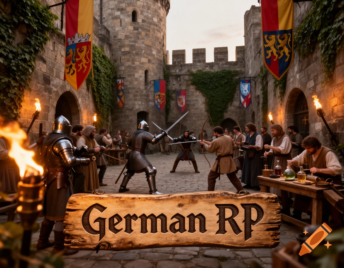 A medieval castle courtyard at dusk with knights in armor, archers, and other figures. A wooden sign in the foreground reads "German RP".