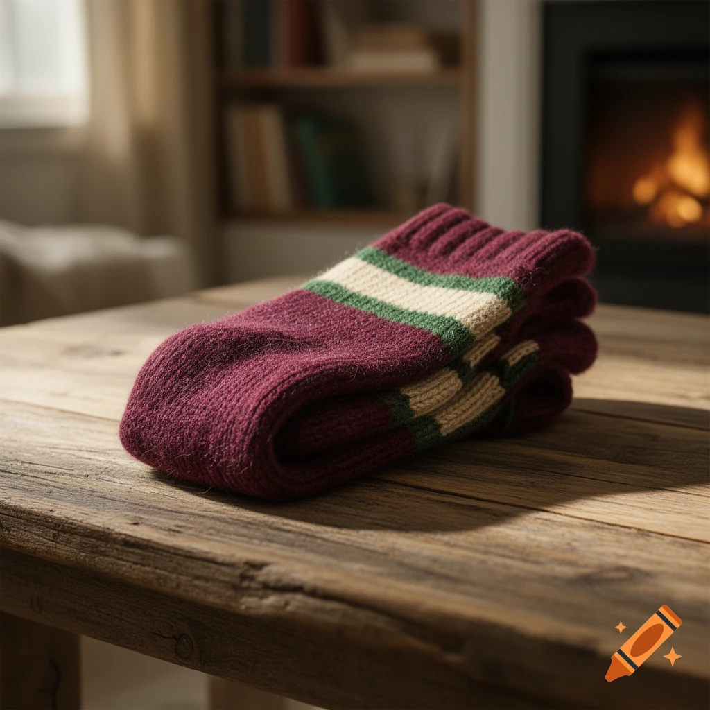 Folded maroon, cream, and green striped socks rest on a rustic wooden table in a cozy room with a glowing fireplace.