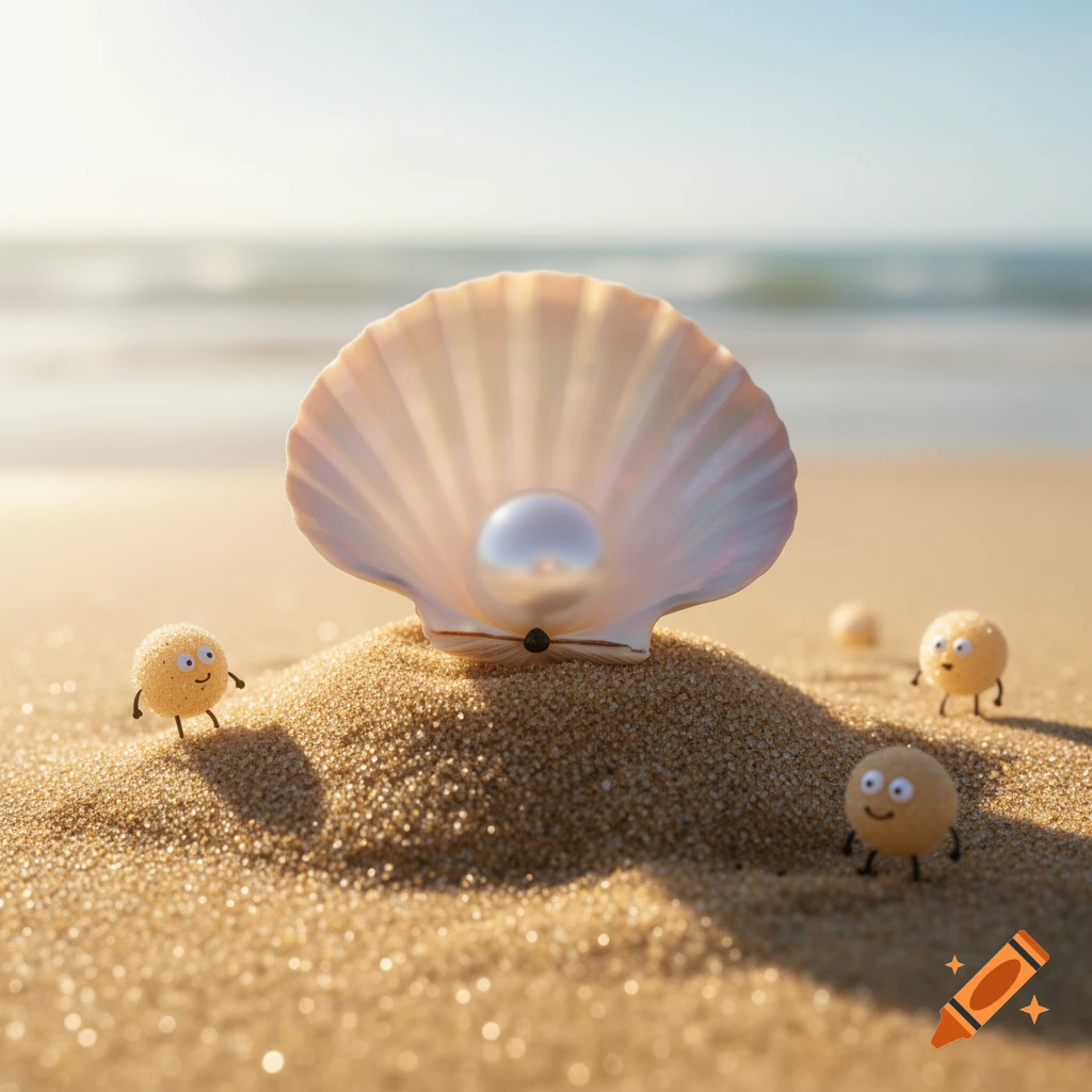 A seashell holding a pearl sits on a sand dune on a sunny beach, surrounded by smiling, personified sand grains.