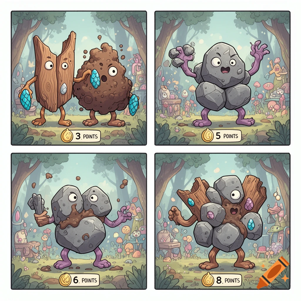 Four comic-style panels show whimsical monsters made of wood, mud, scales, and rocks in a magical forest, each with a point value.