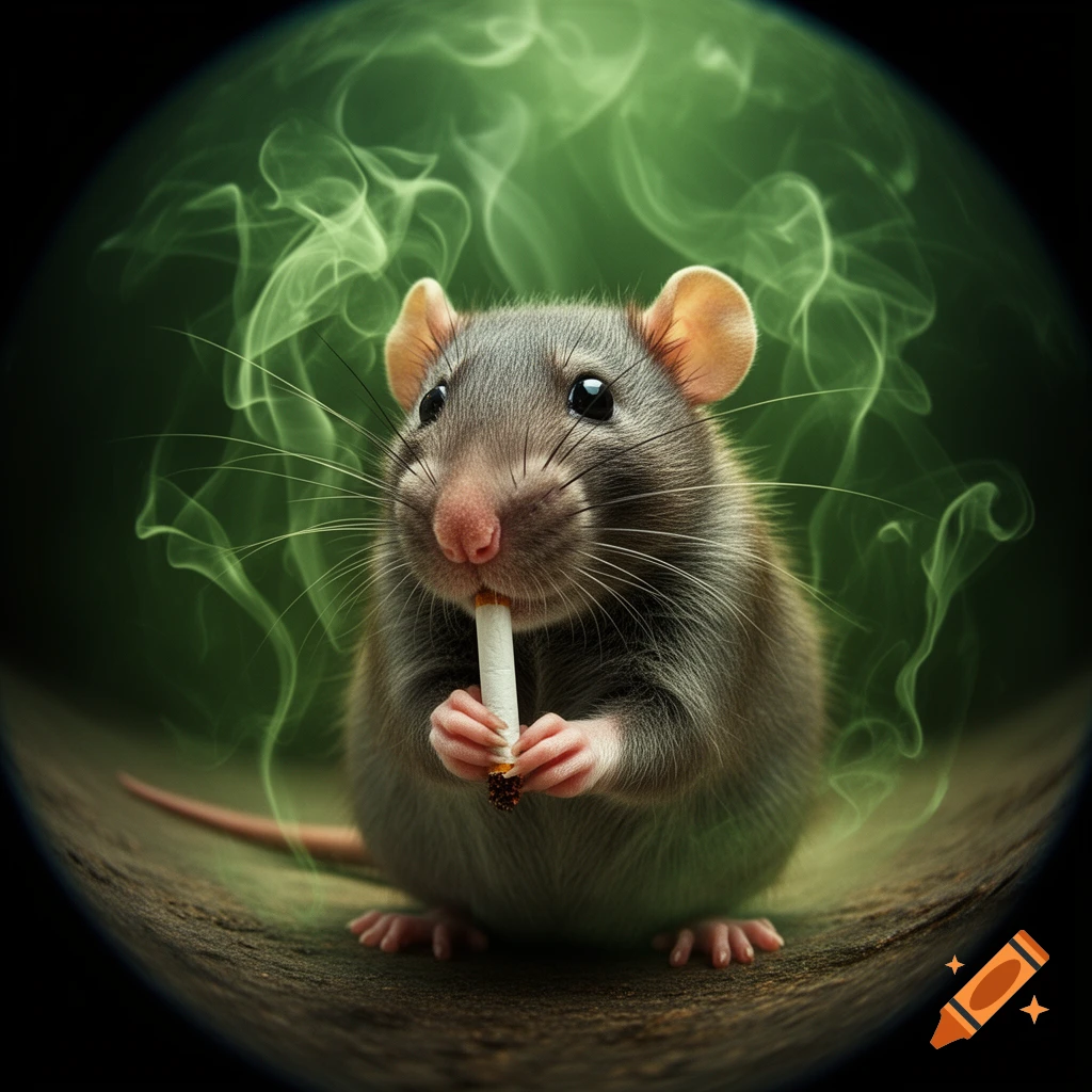 A cute rat with large ears holds a cigarette in its mouth, surrounded by swirling green smoke, viewed through a fisheye lens.