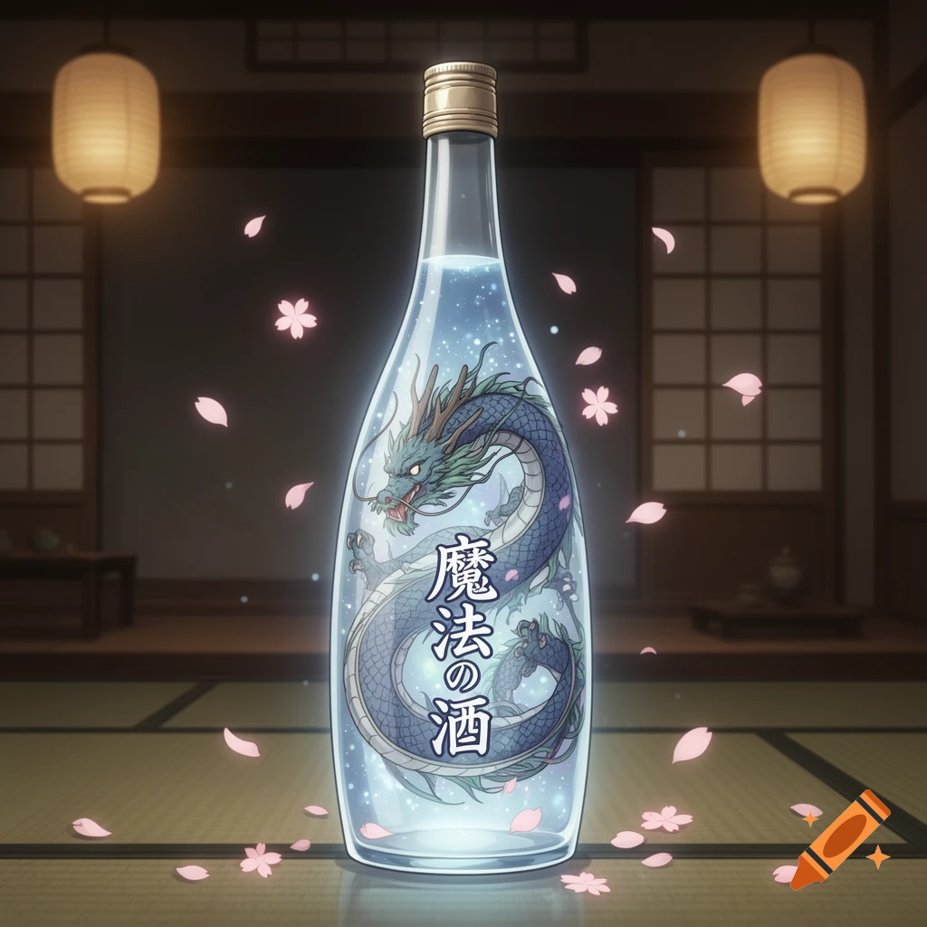 An anime-style image of a glowing sake bottle with a blue dragon inside, surrounded by pink cherry blossoms in a Japanese room.