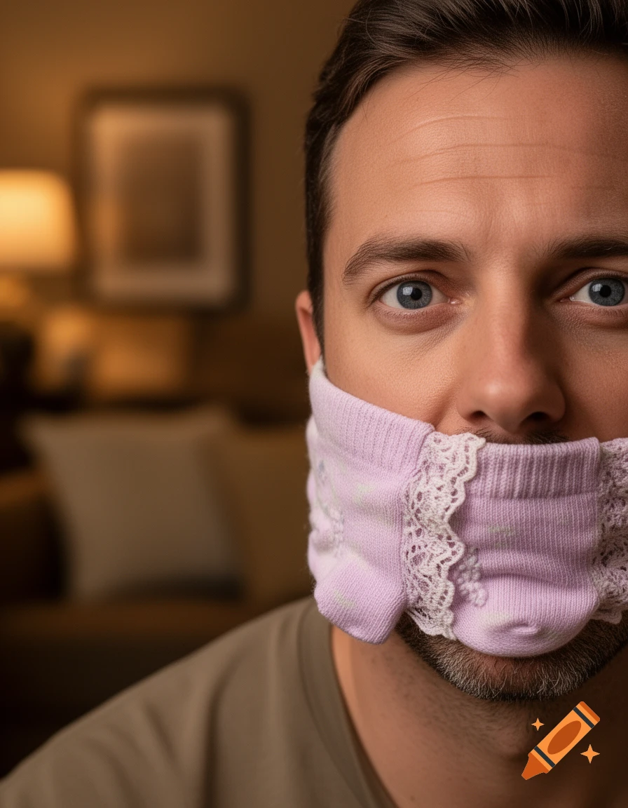 Close-up photorealistic portrait of a man with blue eyes, gagged with pink, lacy women's socks.