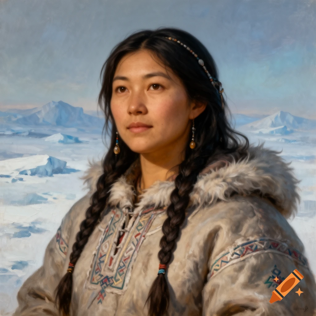 A realistic oil painting of an Inuit woman with braided hair wearing a fur-lined parka in a snowy, mountainous landscape.
