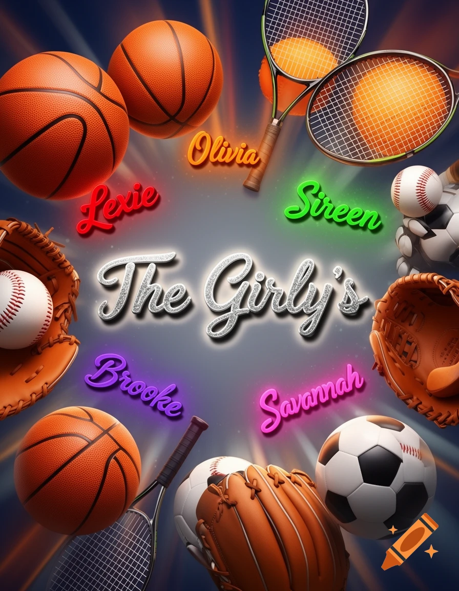 A graphic with basketballs, tennis rackets, baseballs, and soccer balls surrounding the glittery text "The Girly's" and colorful names: Lexie, Olivia, Sireen, Brooke, and Savannah.