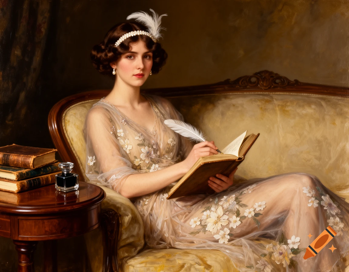 Oil painting of a 1920s-era woman with a feathered headband, writing with a quill on a vintage sofa with an inkwell and books nearby.