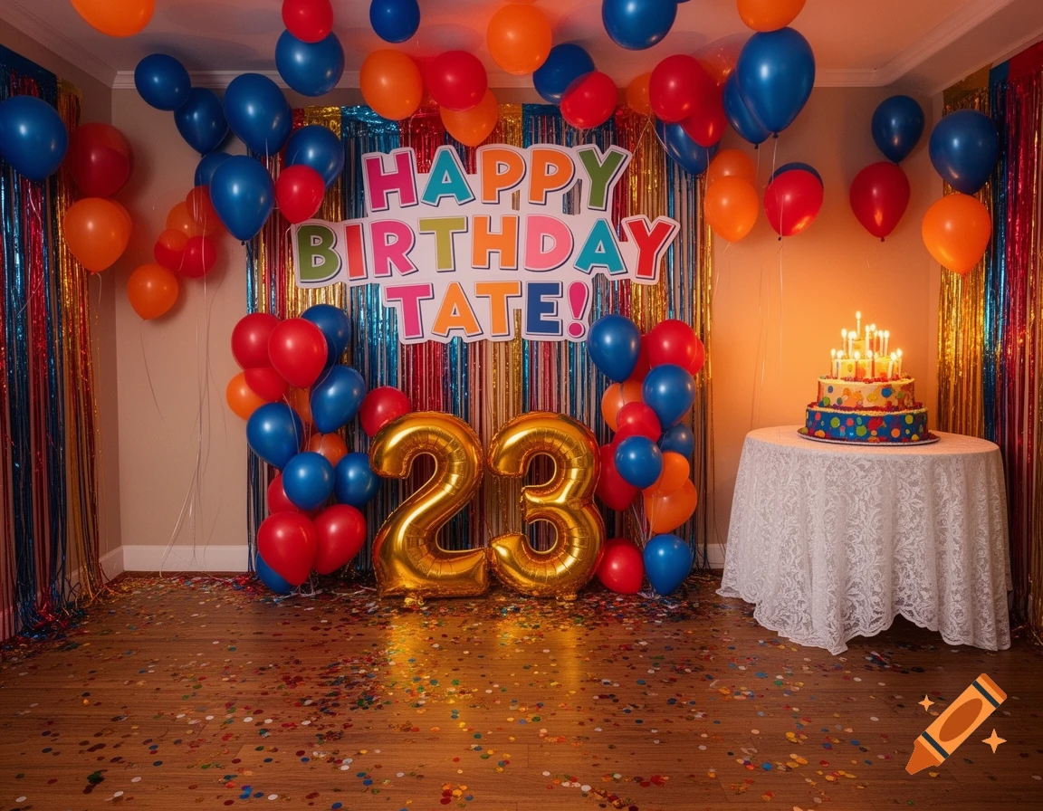 Colorful room decorated for a 23rd birthday with balloons, a 'Happy Birthday Tate!' banner, gold '23' balloons, and a lit birthday cake.