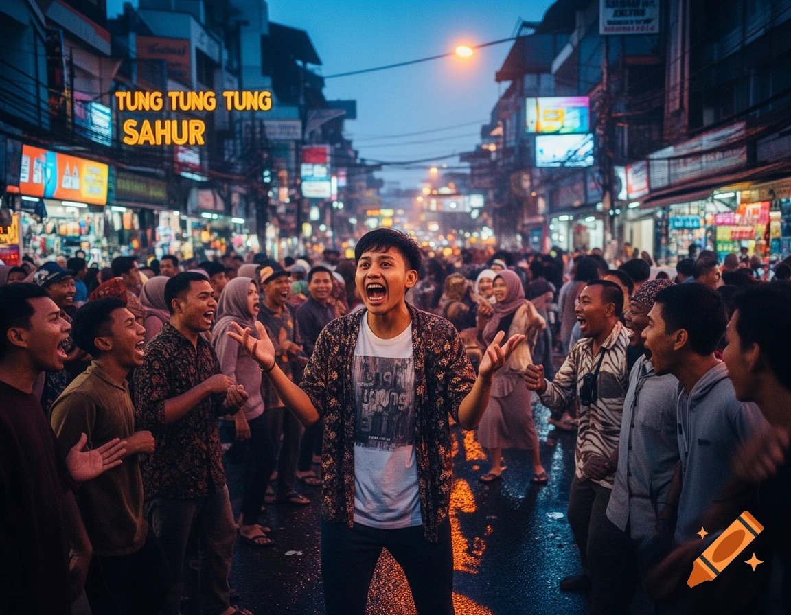 A young man with an open mouth, surrounded by a cheering crowd on a busy street at dusk, with a neon sign reading "TUNG TUNG TUNG SAHUR" in the background.