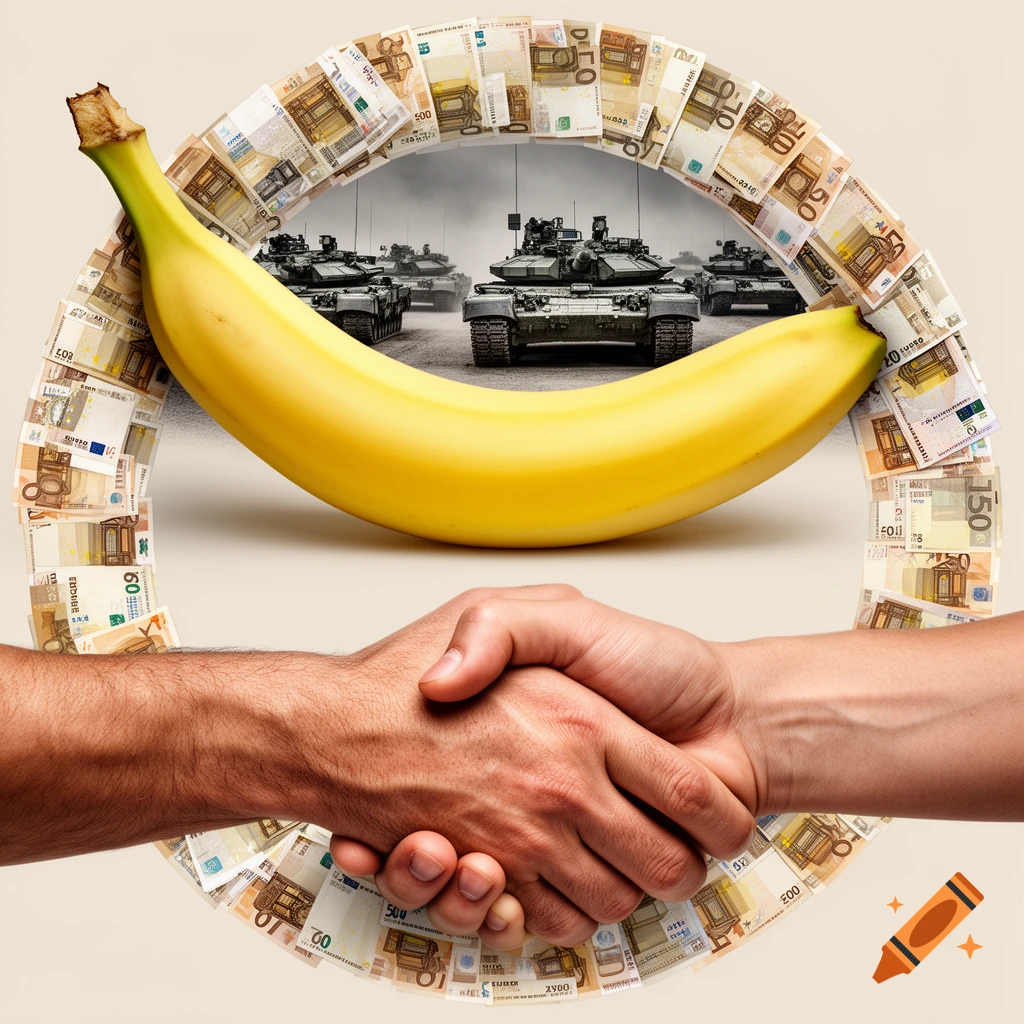 A handshake beneath a large banana, framed by euro bills, with military tanks visible in the background.
