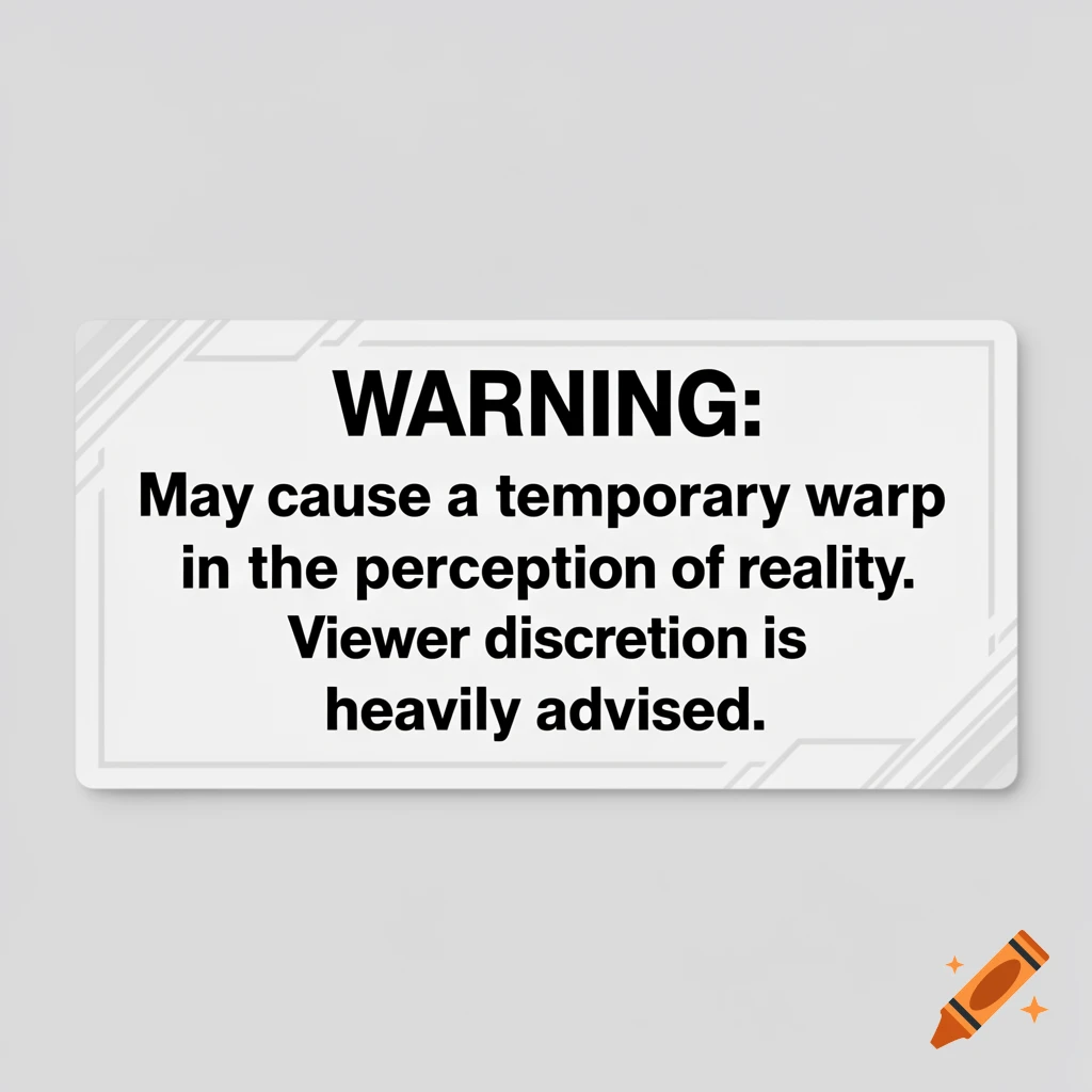 A white warning label with black text: 'WARNING: May cause a temporary warp in the perception of reality. Viewer discretion is heavily advised.'