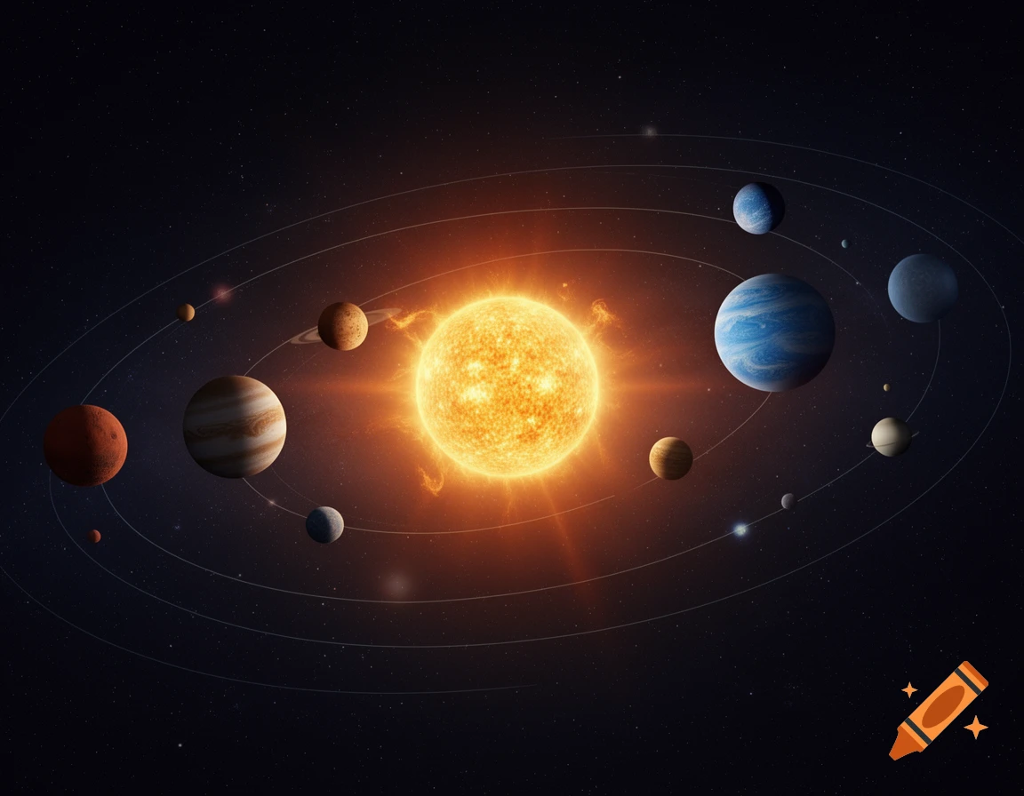 A vibrant illustration of the solar system with the bright sun at its center and numerous planets orbiting it against a dark, starry backdrop.