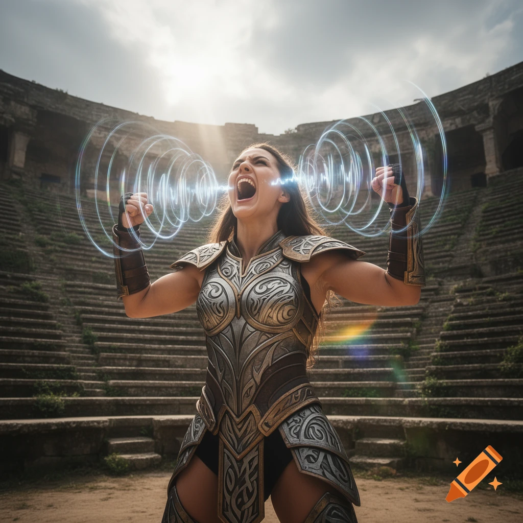 A powerful female warrior in ornate armor screams with clenched fists, emitting glowing sound waves in an ancient stone amphitheater.