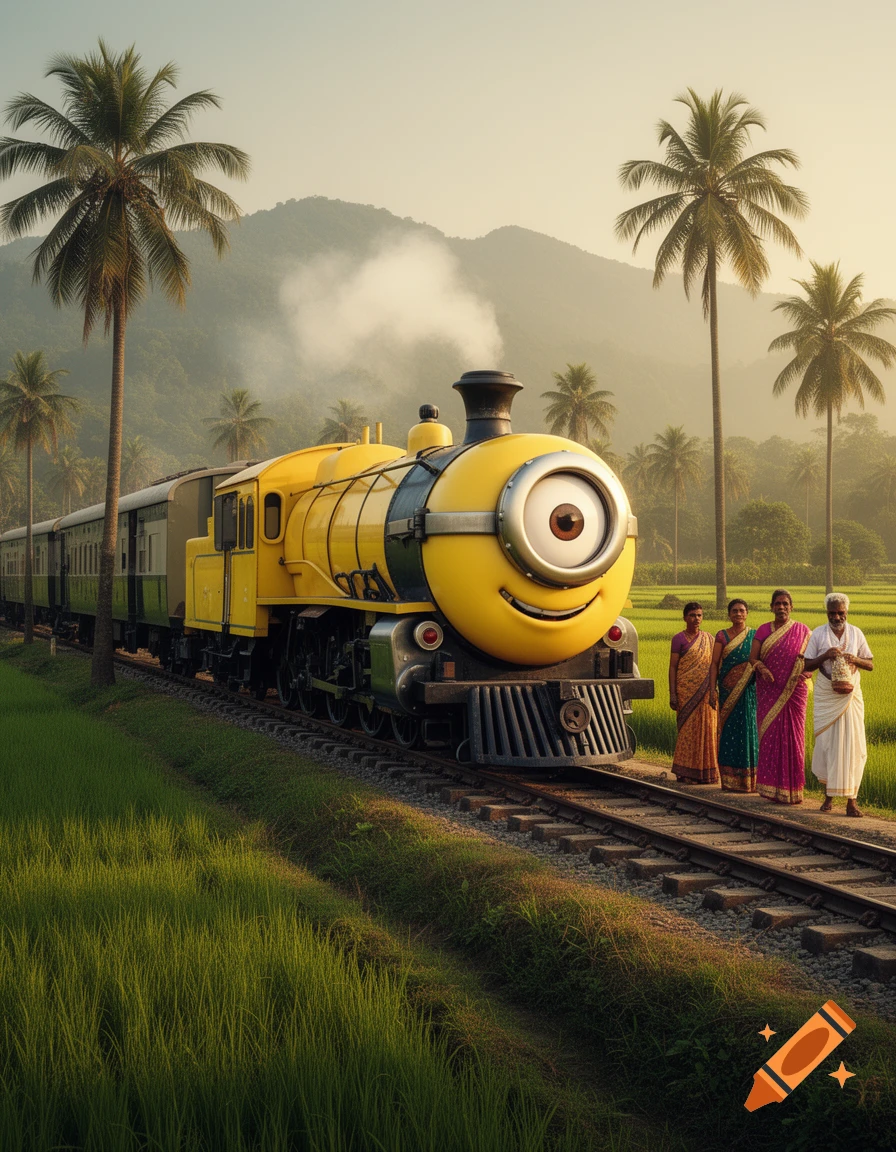 A yellow Minion-themed train on tracks in a lush green rural landscape with palm trees and mountains. Four people stand beside the tracks.