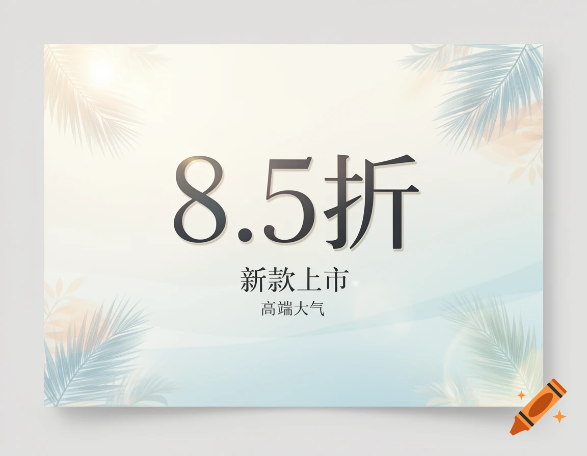 Minimalist summer promotional poster with a light blue and white gradient background, featuring '8.5折' (15% off) and '新款上市' (New product launch) text, accented with subtle palm leaves.