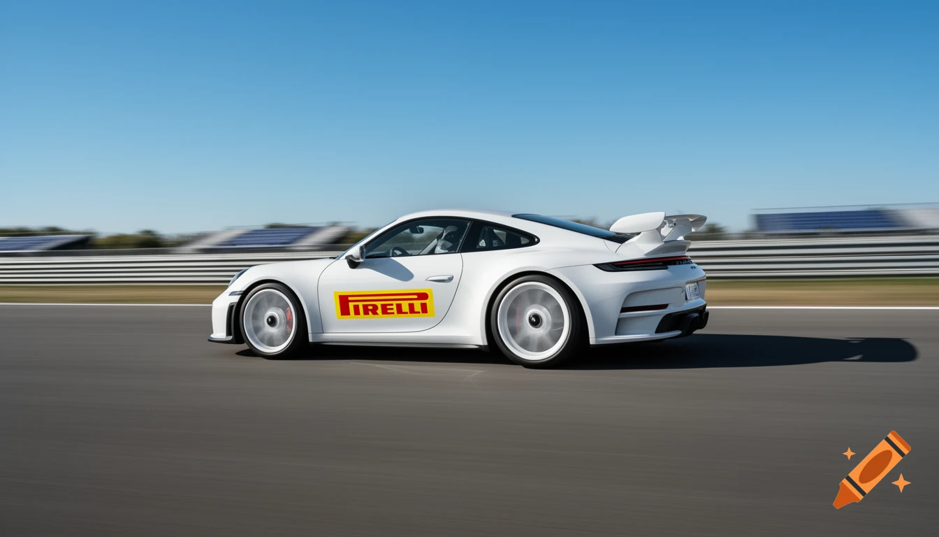 White Porsche 992 GT3 racing car with a Pirelli logo speeds on a track under a clear sky.