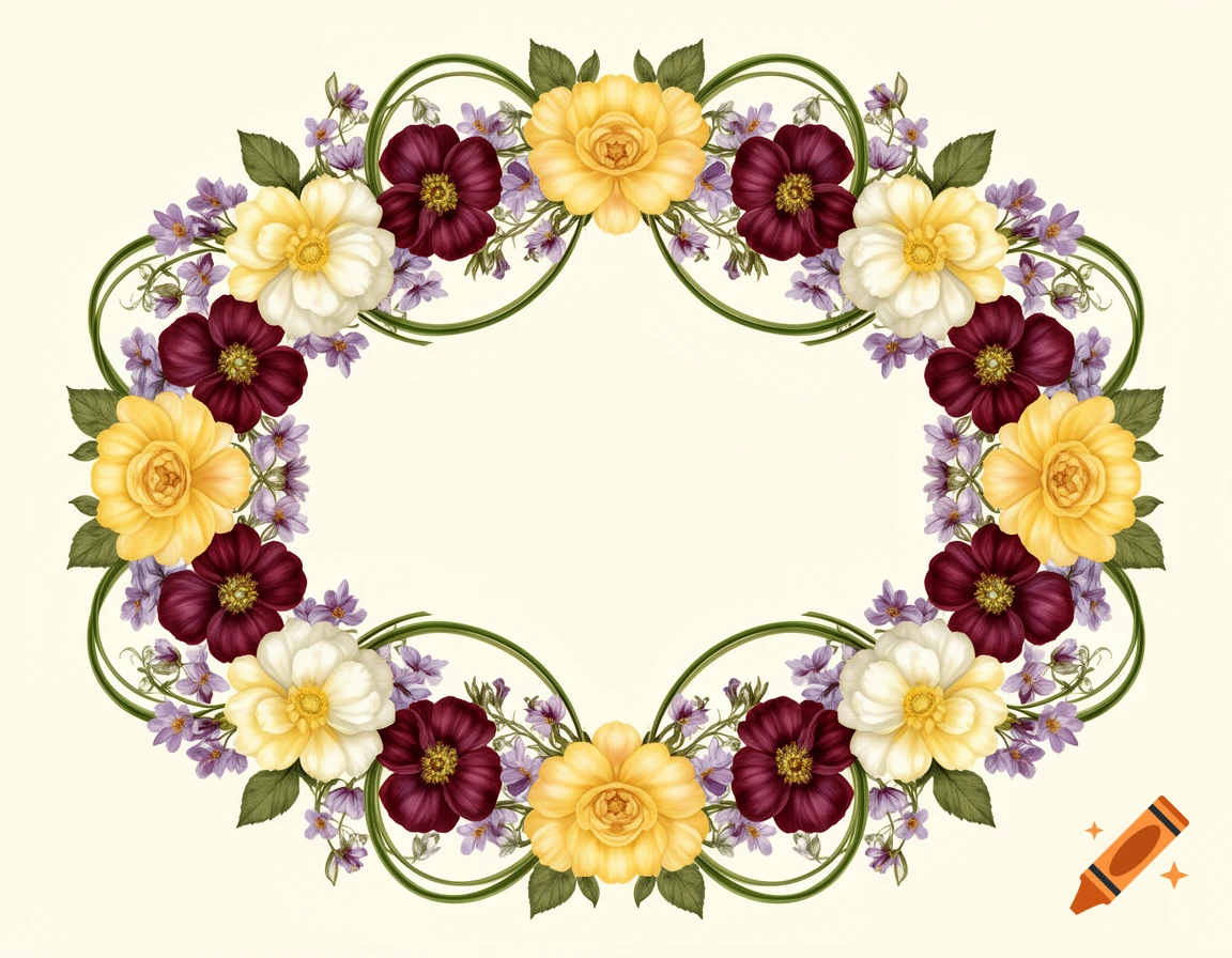 Elegant oval floral frame with yellow, white, deep red, and purple flowers, intertwined with green swirling vines.
