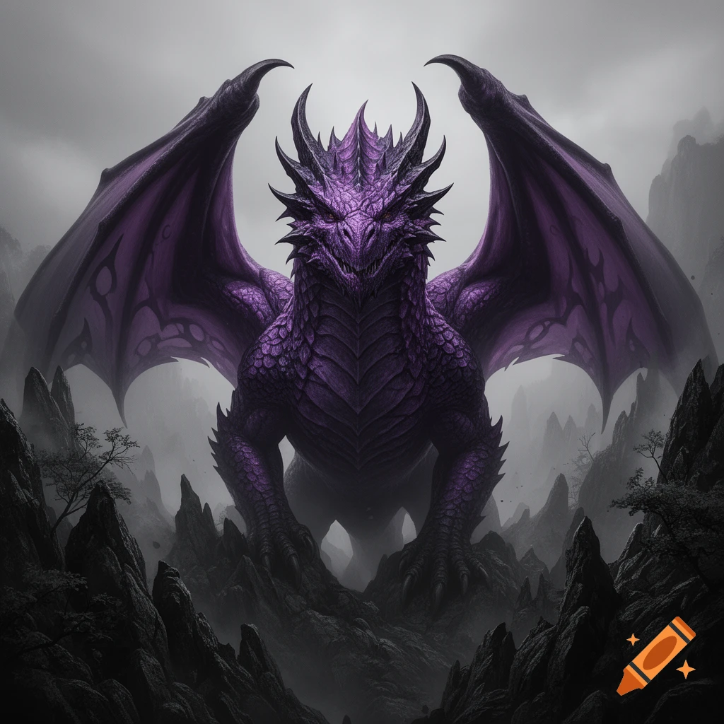 A powerful purple dragon with large wings and horns stands atop dark, jagged mountains shrouded in mist.