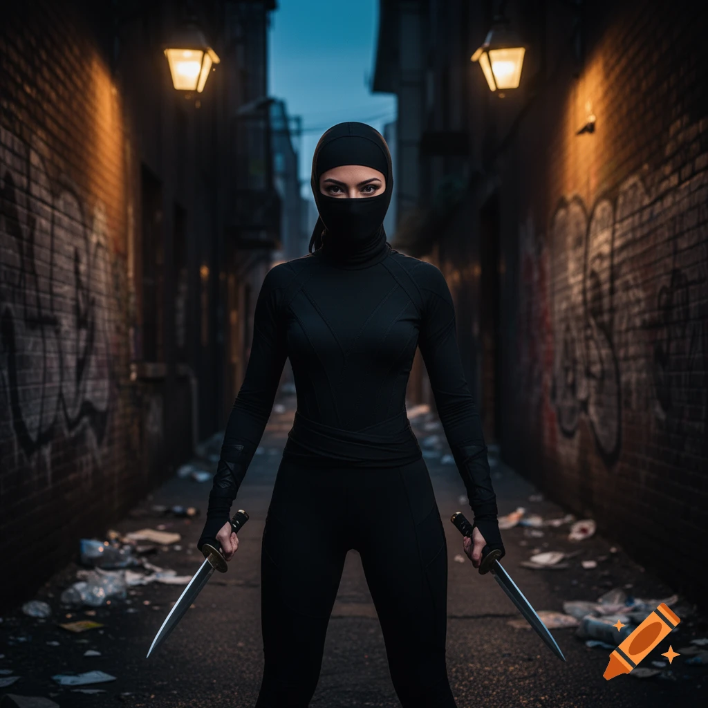 A female ninja in a black suit holds two katanas in a dark, graffiti-covered alley with glowing street lamps.