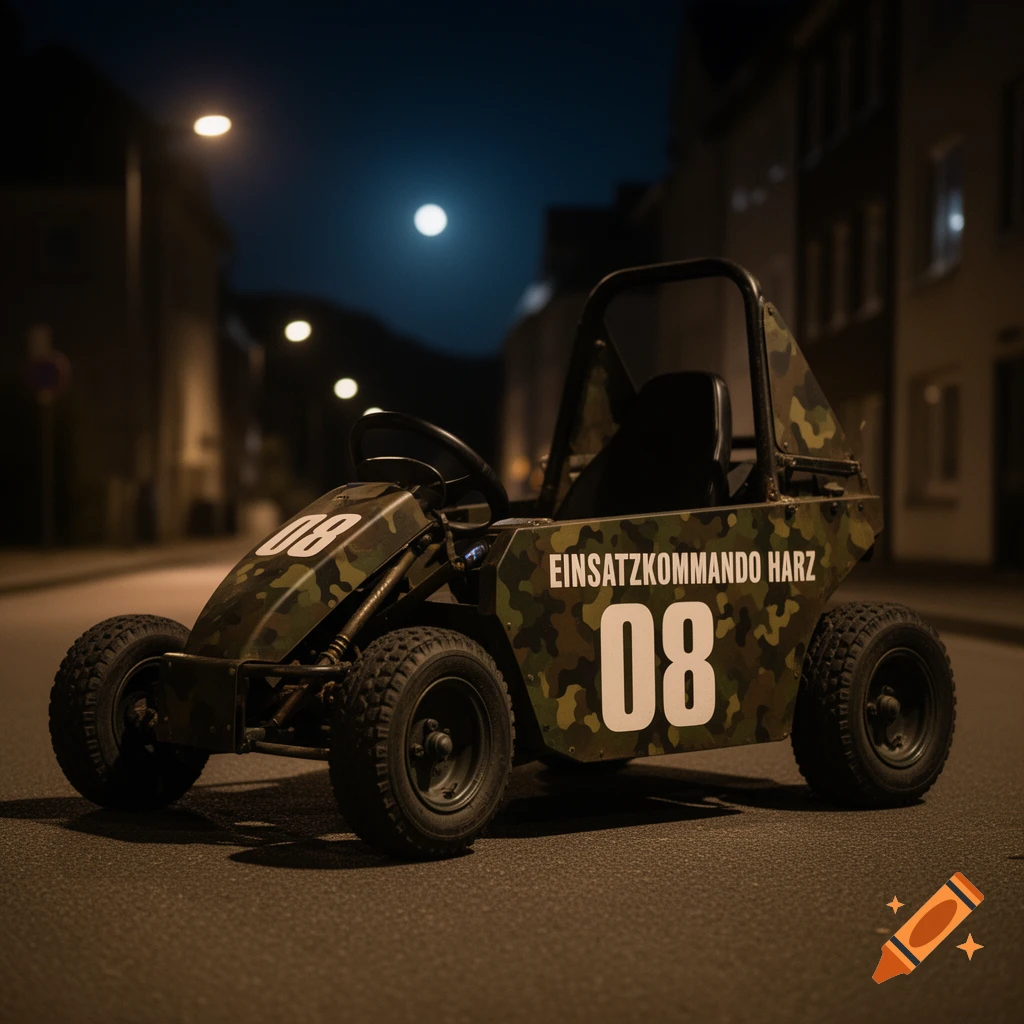 A camouflage go-kart with the number "08" and the text "EINSATZKOMMANDO HARZ" parked on a street at night under a full moon.