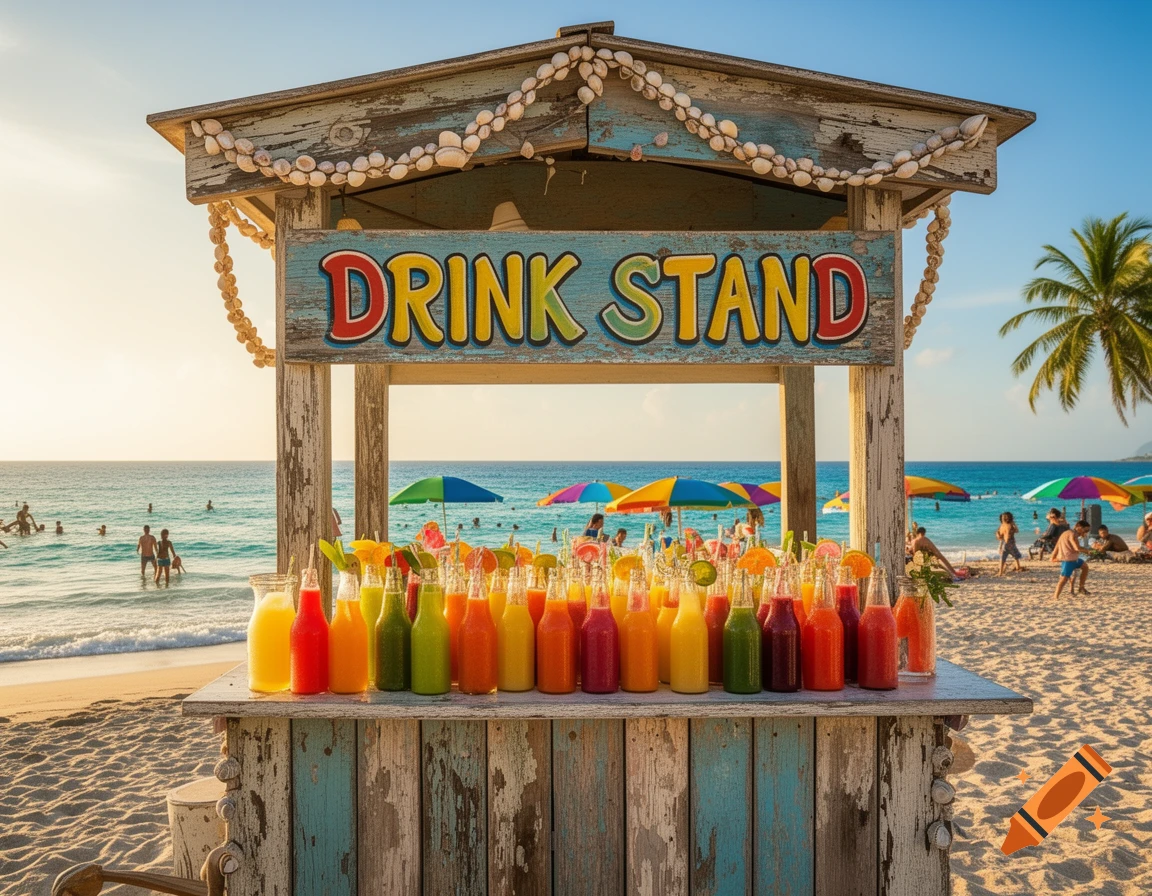 A vibrant beach scene featuring a rustic 'DRINK STAND' with many colorful bottled juices on display, people in the ocean.